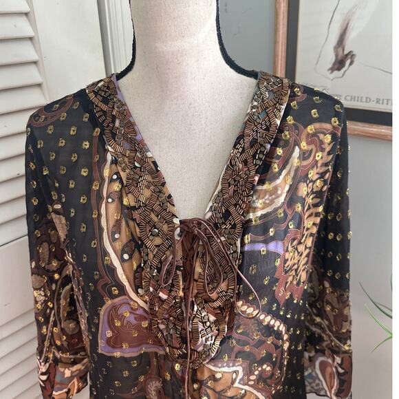 HALE BOB Womens Tunic Brown Chiffon Beaded Metallic Bohemian Artsy Festival | S - Picture 3 of 11